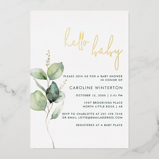 Eucalyptus minimalistisch botanisch meisje Baby sh Folie Uitnodiging (Voorkant)