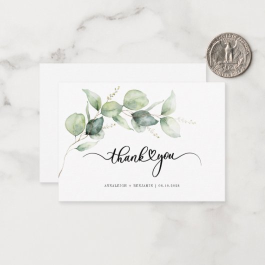 Eucalyptus minimalistisch script bruiloft dank u notitiekaartje (Voorkant / Achterkant in situ)