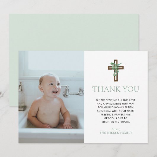 Eucalyptus Modern Baptism Photo Thank You Cards Kaart (Voorkant / Achterkant)