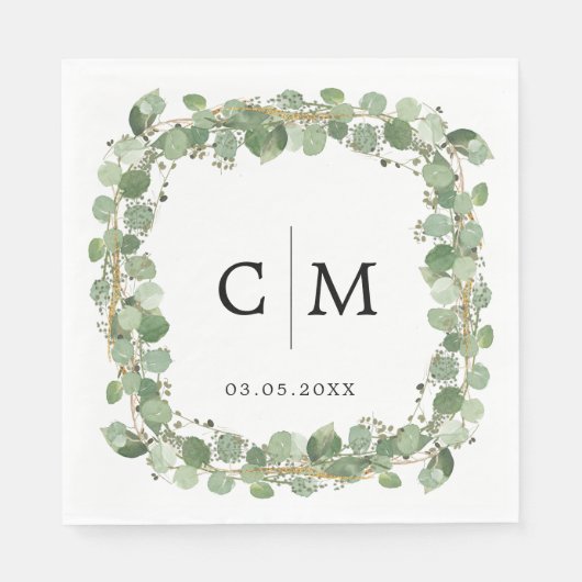 Eucalyptus Modern Calligraphy Monogram Weddenschap Servet (Voorkant)