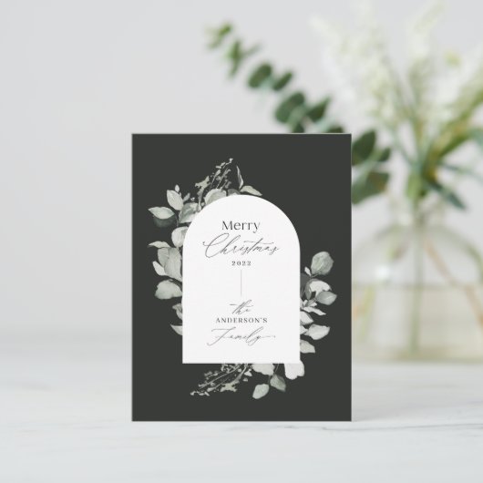 Eucalyptus modern elegant eenvoudig botanisch zwar feestdagenkaart (Staand voorkant)