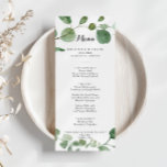 Eucalyptus Modern Kalligrafie Diner Menu<br><div class="desc">Deze eucalyptus moderne kalligrafie diner menukaart is perfect voor een eenvoudige bruiloft. Het ontwerp is voorzien van waterverf handgetekende eucalyptustakken en -bladeren. Dit menu kan worden gebruikt voor een huwelijksreceptie,  repetitiediner,  vrijgezellenfeest of een evenement.</div>