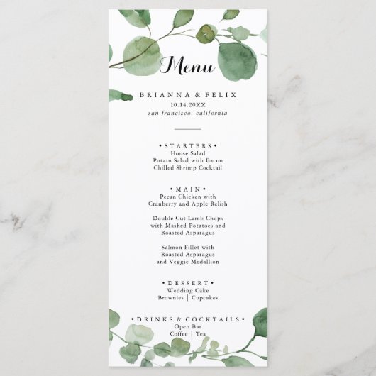 Eucalyptus Modern Kalligrafie Diner Menu (Voorkant)