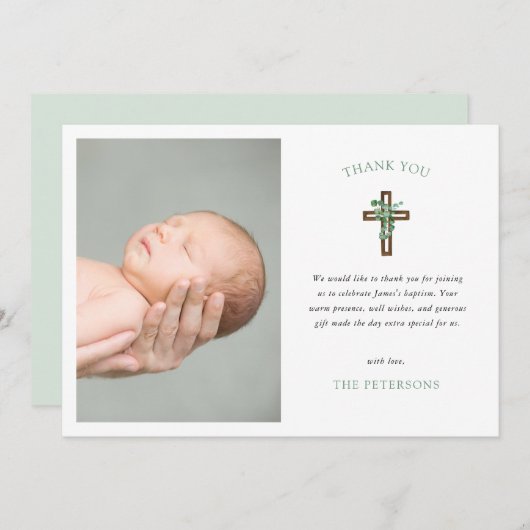 Eucalyptus Modern Kruis Doop Foto Bedankt (Voorkant / Achterkant)