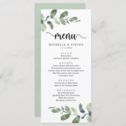 Eucalyptus Modern Rustiek Bruiloft Elopement Diner Menu (Voorkant / Achterkant)