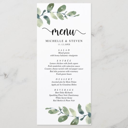 Eucalyptus Modern Rustiek Bruiloft Elopement Diner Menu (Voorkant)