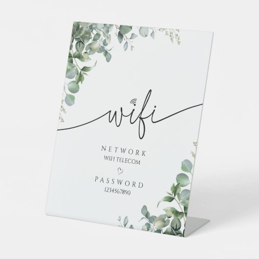 Eucalyptus Modern WiFi Wachtwoord Trouwbord Reclamebord Met Voetstuk (Voorkant)
