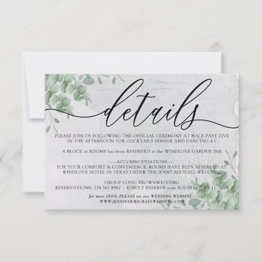 Eucalyptus Moderne bruiloft accommodatie Details RSVP Kaartje (Voorkant)