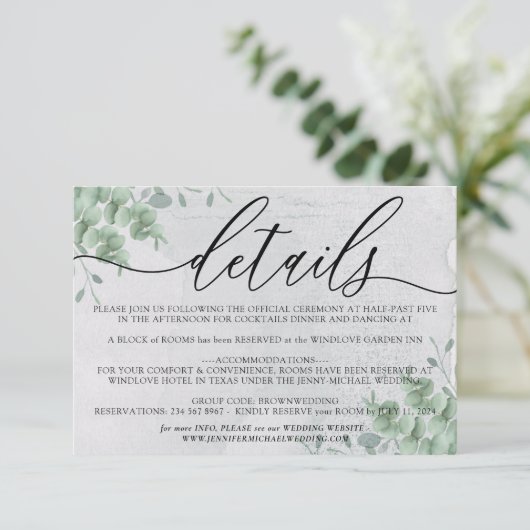 Eucalyptus Moderne bruiloft accommodatie Details RSVP Kaartje (Staand voorkant)