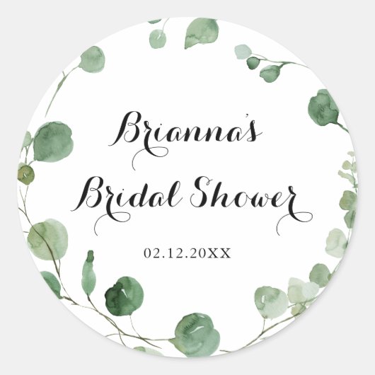 Eucalyptus Moderne Calligrafie Bruidsfeest Favor Ronde Sticker (Voorkant)