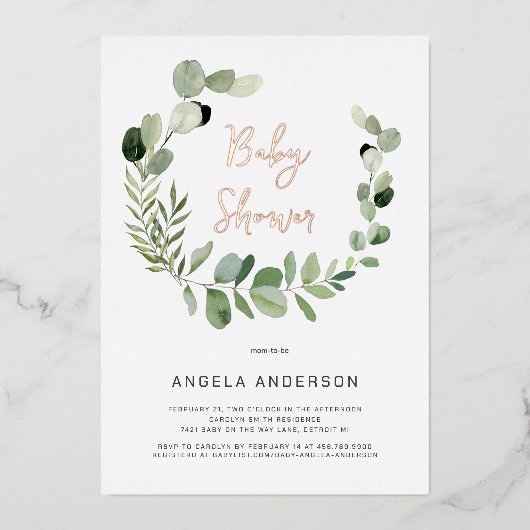 Eucalyptus Moderne Eenvoudig Baby shower Folie Roo Folie Uitnodiging (Voorkant)