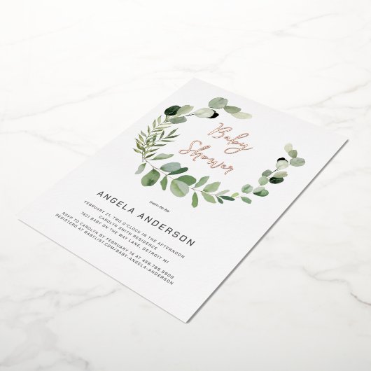 Eucalyptus Moderne Eenvoudig Baby shower Folie Roo Folie Uitnodiging (Gedraaid)