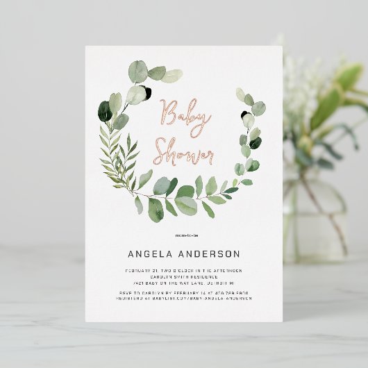Eucalyptus Moderne Eenvoudig Baby shower Folie Roo Folie Uitnodiging (Staand Voorkant)