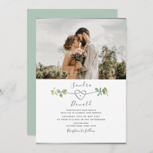 Eucalyptus Moderne foto bruiloft uitnodiging (Voorkant / Achterkant)