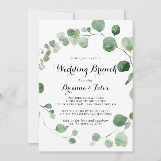 Eucalyptus Moderne Kalligrafie Bruiloft Brunch Kaart (Voorkant)
