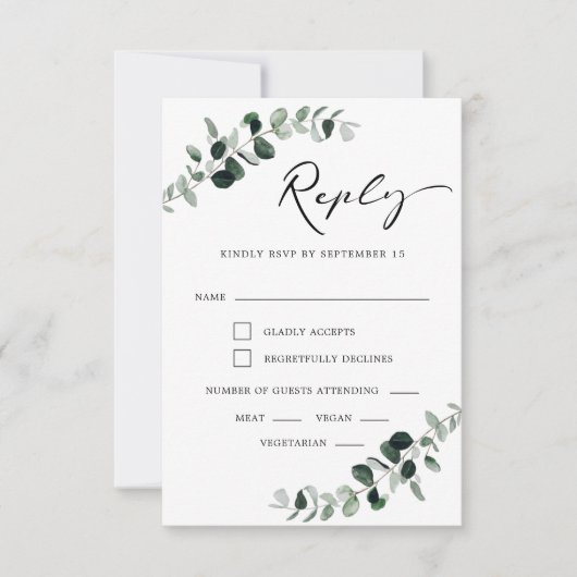 Eucalyptus Moderne kalligrafie Maaltijden Bruiloft RSVP Kaartje (Voorkant)