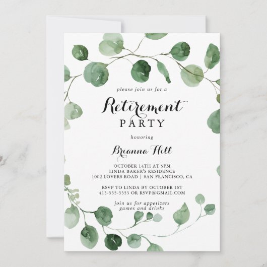 Eucalyptus moderne kalligrafie pensioen partij kaart (Voorkant)