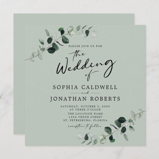 Eucalyptus Moderne Kalligrafie QR Code Sage Bruilo Kaart (Voorkant / Achterkant)