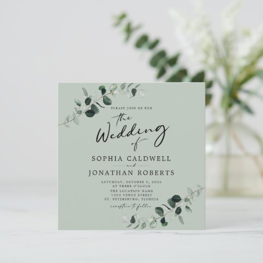 Eucalyptus Moderne Kalligrafie QR Code Sage Bruilo Kaart (Staand voorkant)