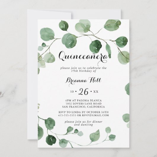 Eucalyptus Moderne kalligrafie Quinceañera Kaart (Voorkant)