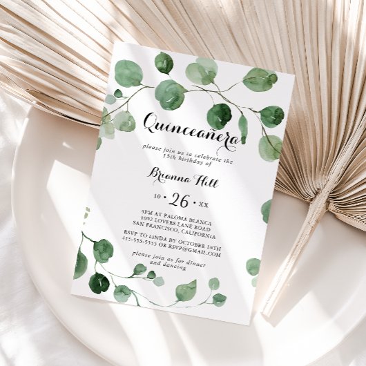 Eucalyptus Moderne kalligrafie Quinceañera Kaart