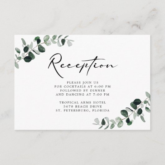 Eucalyptus moderne kalligrafie receptie informatiekaartje (Voorkant)