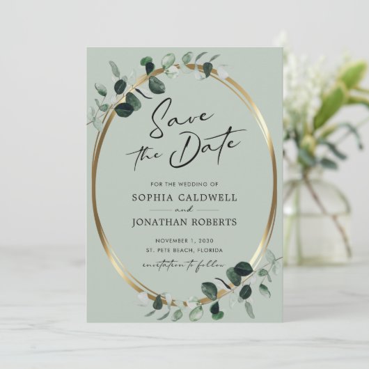 Eucalyptus Moderne kalligrafie Sage Wedding Save The Date (Staand voorkant)