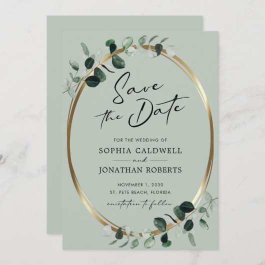 Eucalyptus Moderne kalligrafie Sage Wedding Save The Date (Voorkant / Achterkant)