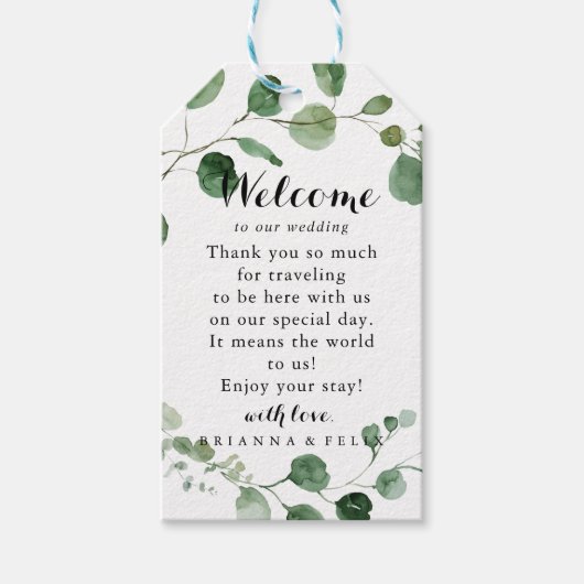 Eucalyptus Moderne kalligrafie Welkomstcadeau Cadeaulabel (Voorkant)