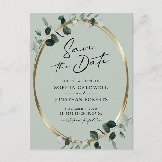 Eucalyptus Moderne kalligrafieslaat Opslaan Datum Aankondigingskaart (Voorkant)