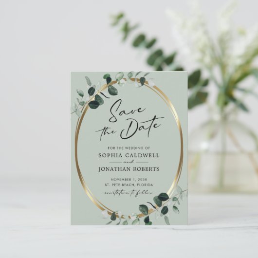 Eucalyptus Moderne kalligrafieslaat Opslaan Datum Aankondigingskaart (Staand voorkant)