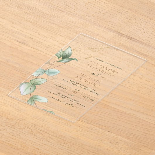 Eucalyptus Moderne Minimalistische Groene Leaf Wed Acryl Uitnodigingen (Laagn)