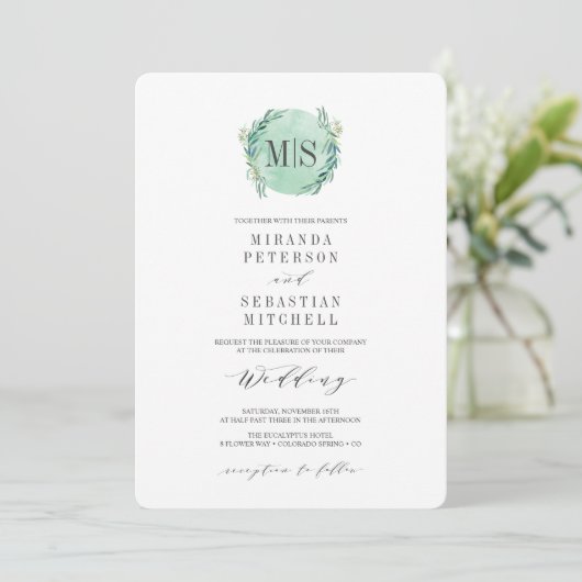 Eucalyptus Monogram Botanical Weddenschap, vers Kaart (Staand voorkant)