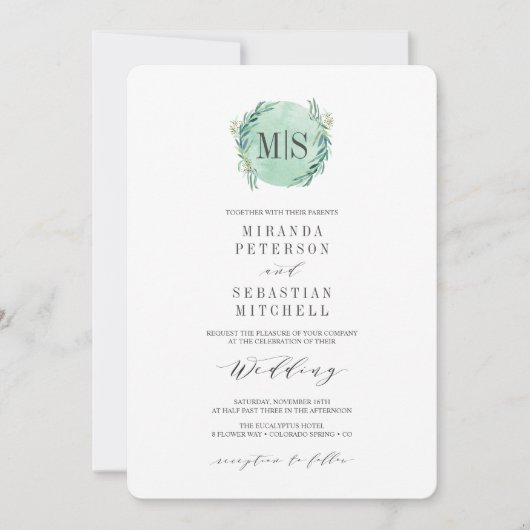 Eucalyptus Monogram Botanical Weddenschap, vers Kaart (Voorkant)