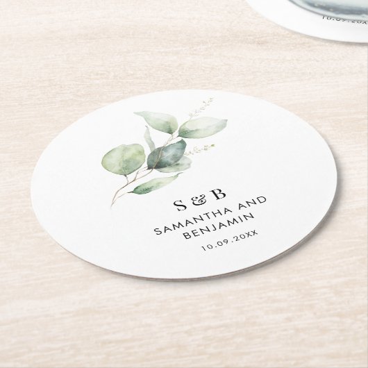 Eucalyptus Monogram Botanisch Monogram Bruiloft Ronde Kartonnen Onderzetter (Gebogen)