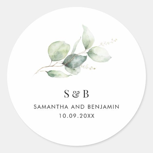 Eucalyptus Monogram Botanische bruiloft Ronde Sticker (Voorkant)