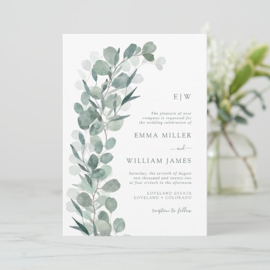 Eucalyptus monogram bruiloft kaart (Staand voorkant)