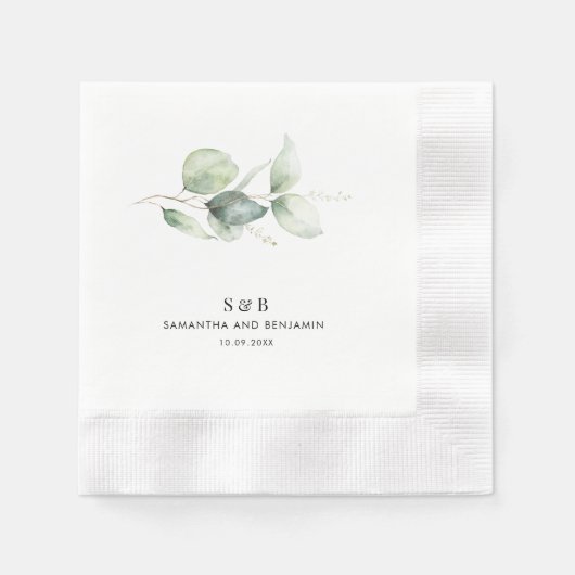 Eucalyptus Monogram Bruiloft Receptie Papier Servet (Voorkant)