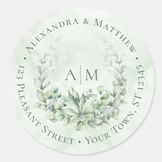 Eucalyptus Monogram bruiloft Rondadres Etiket (Voorkant)