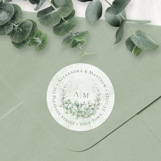 Eucalyptus Monogram bruiloft Rondadres Etiket