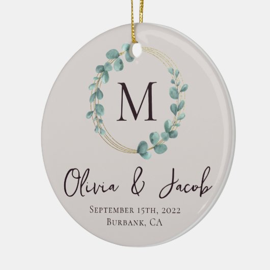 Eucalyptus Monogram Eerste Kerstfeest Foto Keramisch Ornament (Links)