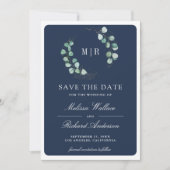 Eucalyptus Monogram Foto Navy Blauwe Trouw  Save The Date (Voorkant)