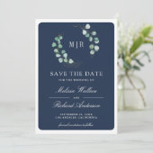 Eucalyptus Monogram Foto Navy Blauwe Trouw  Save The Date (Staand voorkant)