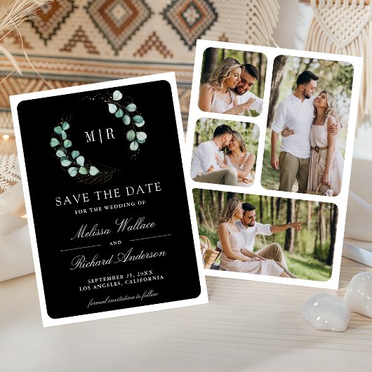 Eucalyptus Monogram Fotocollage Zwarte Trouwdag Save The Date