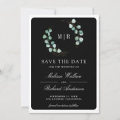 Eucalyptus Monogram Fotocollage Zwarte Trouwdag Save The Date (Voorkant)