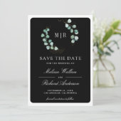 Eucalyptus Monogram Fotocollage Zwarte Trouwdag Save The Date (Staand voorkant)
