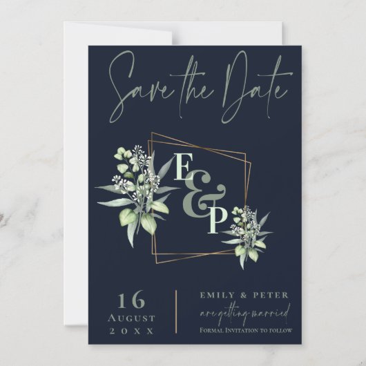 Eucalyptus Monogram Groen Bruiloft Save the Date Magnetische Uitnodiging (Voorkant)