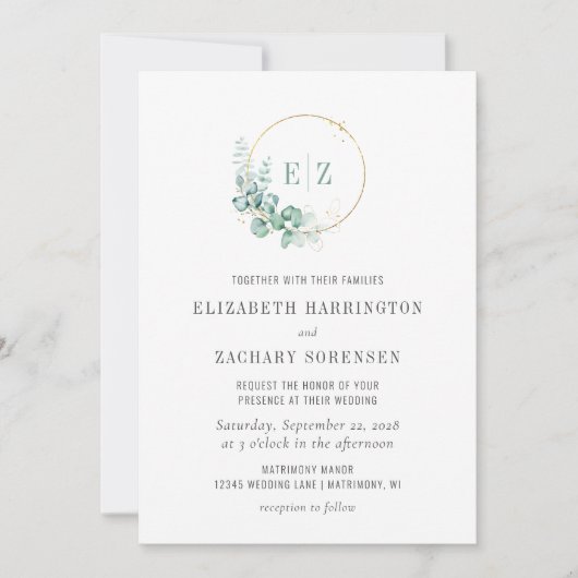 Eucalyptus Monogram grote Waterverf bruiloft Kaart (Voorkant)
