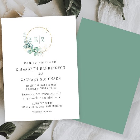 Eucalyptus Monogram grote Waterverf bruiloft Kaart