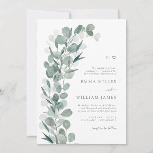 Eucalyptus Monogram Huwelijk Kaart (Voorkant)